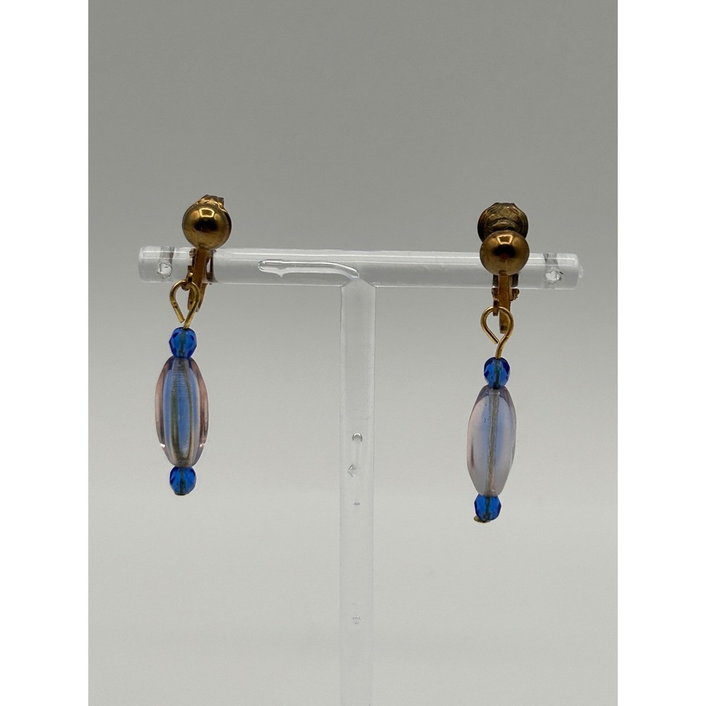 Vintage Gold Tone Blue Clear Beaded Dangle Drop Clip On Earrings